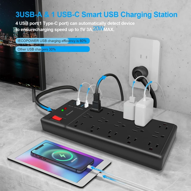 Alt view image 3 of 7 - Surge Protector Power Strip 15 ft cord-15 Widely Spaced Outlets and 4 USB Ports(1 USB C Port),14 AWG Extension Cord,1875W/15A Heavy Duty Power Strip Surge Protector 15 ft Cord,2800J,Black