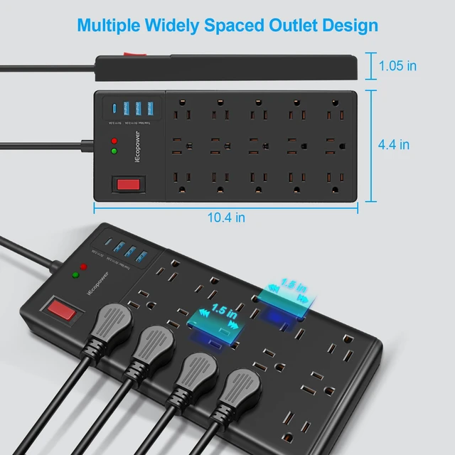 Alt view image 4 of 7 - Surge Protector Power Strip 15 ft cord-15 Widely Spaced Outlets and 4 USB Ports(1 USB C Port),14 AWG Extension Cord,1875W/15A Heavy Duty Power Strip Surge Protector 15 ft Cord,2800J,Black
