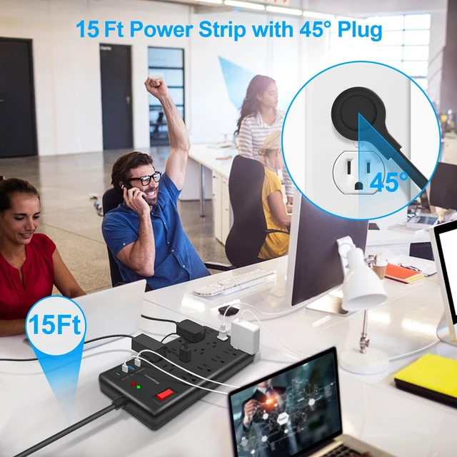 Alt view image 6 of 7 - Surge Protector Power Strip 15 ft cord-15 Widely Spaced Outlets and 4 USB Ports(1 USB C Port),14 AWG Extension Cord,1875W/15A Heavy Duty Power Strip Surge Protector 15 ft Cord,2800J,Black