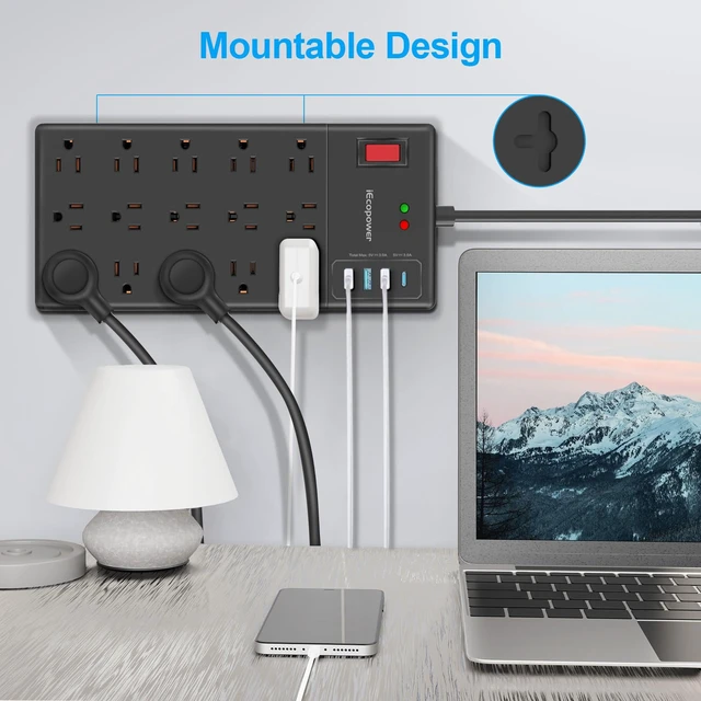 Alt view image 7 of 7 - Surge Protector Power Strip 15 ft cord-15 Widely Spaced Outlets and 4 USB Ports(1 USB C Port),14 AWG Extension Cord,1875W/15A Heavy Duty Power Strip Surge Protector 15 ft Cord,2800J,Black