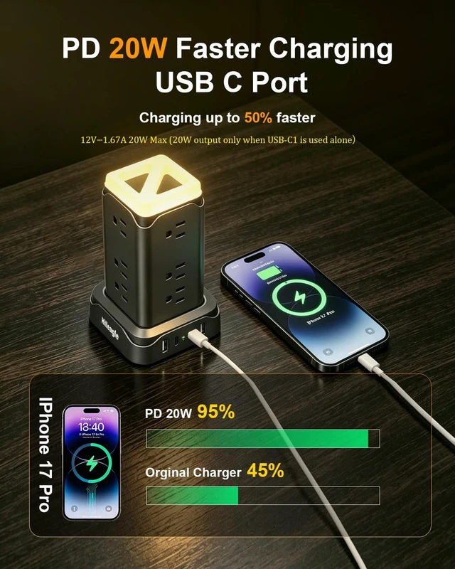Alt view image 2 of 7 - Desktop Standing Power Tower Strip 6FT Cord, USB 20W Fast Charging Station | Surge Protector, LED Night Lights, Extension Cord with Multiple 12 AC Outlets, 4 USB (2 USB C) Ports, Office