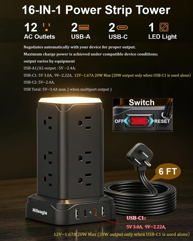 Alt view image 3 of 7 - Desktop Standing Power Tower Strip 6FT Cord, USB 20W Fast Charging Station | Surge Protector, LED Night Lights, Extension Cord with Multiple 12 AC Outlets, 4 USB (2 USB C) Ports, Office