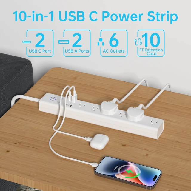 Alt view image 2 of 7 - Power Strip Surge Protector with USB-C Ports, 10FT Long Extension Cord | 6 Outlet and 4 USB Ports, Power Strips Flat Plug(1250W/10A/2100J), Wall Mountable Overload Protection for Home Office Dorm
