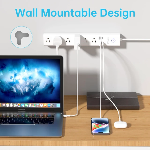Alt view image 4 of 7 - Power Strip Surge Protector with USB-C Ports, 10FT Long Extension Cord | 6 Outlet and 4 USB Ports, Power Strips Flat Plug(1250W/10A/2100J), Wall Mountable Overload Protection for Home Office Dorm