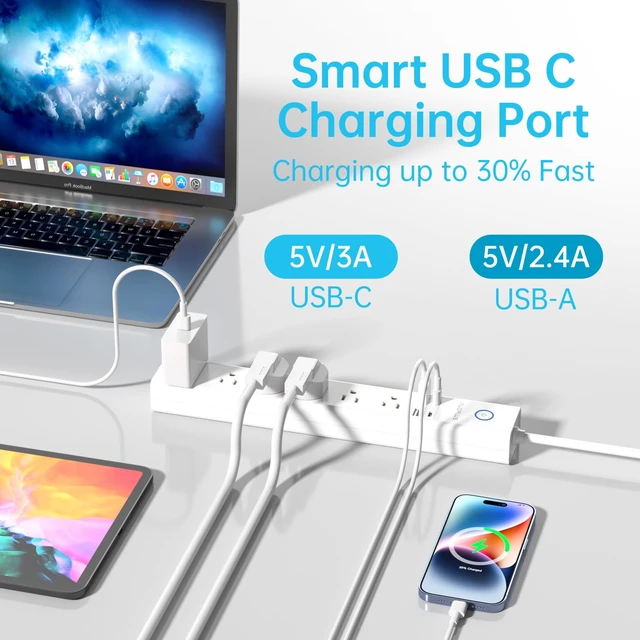 Alt view image 5 of 7 - Power Strip Surge Protector with USB-C Ports, 10FT Long Extension Cord | 6 Outlet and 4 USB Ports, Power Strips Flat Plug(1250W/10A/2100J), Wall Mountable Overload Protection for Home Office Dorm