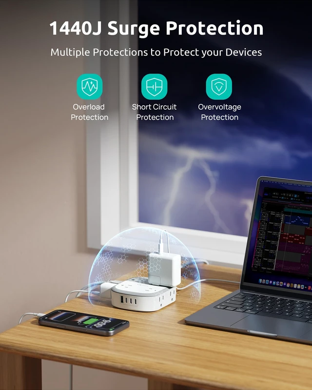 Alt view image 3 of 7 - 360° Rotating Flat Plug Surge Protector Power Strip, 6 FT Extension Cord | 8 AC Outlets and 4 USB Ports (3 USB C), Wall Mount, Outlet Extender with Power Switch, Home Office Dorm Essentials, White
