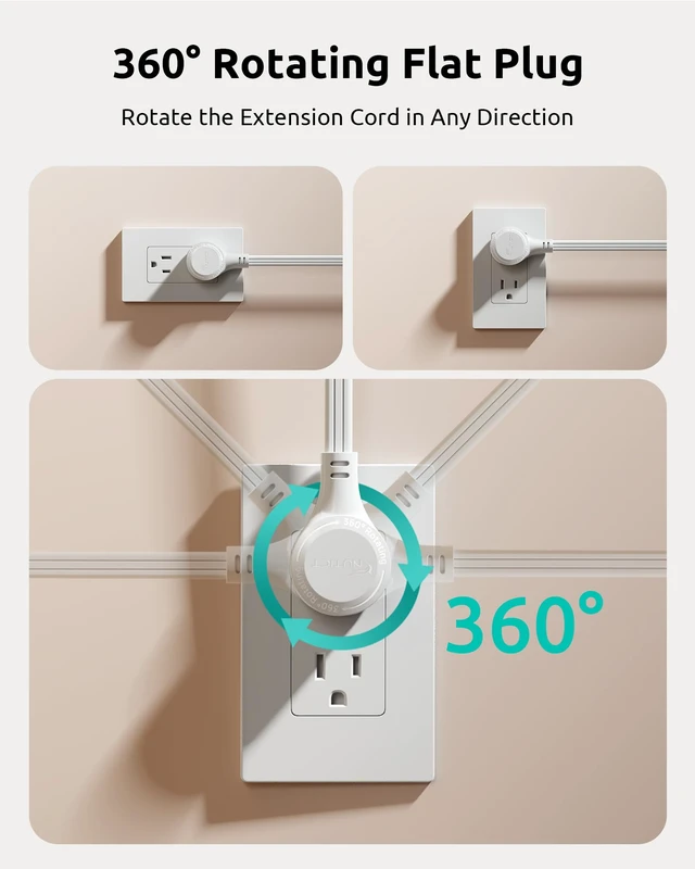 Alt view image 2 of 7 - 360° Rotating Flat Plug Surge Protector Power Strip, 6 FT Extension Cord | 8 AC Outlets and 4 USB Ports (3 USB C), Wall Mount, Outlet Extender with Power Switch, Home Office Dorm Essentials, White