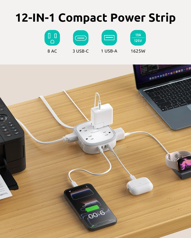 Alt view image 4 of 7 - 360° Rotating Flat Plug Surge Protector Power Strip, 6 FT Extension Cord | 8 AC Outlets and 4 USB Ports (3 USB C), Wall Mount, Outlet Extender with Power Switch, Home Office Dorm Essentials, White