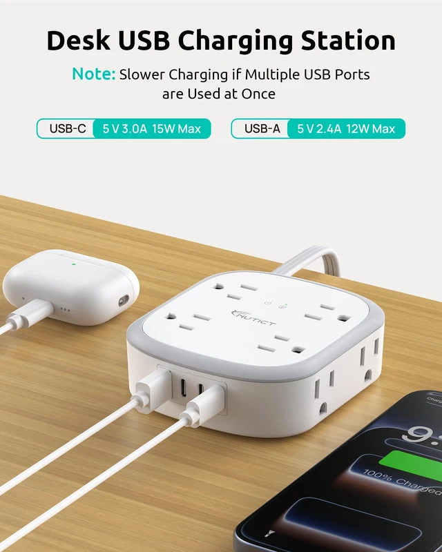Alt view image 5 of 7 - 360° Rotating Flat Plug Surge Protector Power Strip, 6 FT Extension Cord | 8 AC Outlets and 4 USB Ports (3 USB C), Wall Mount, Outlet Extender with Power Switch, Home Office Dorm Essentials, White