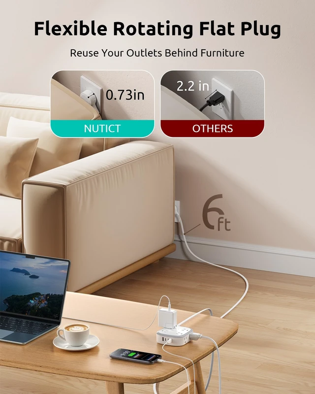 Alt view image 6 of 7 - 360° Rotating Flat Plug Surge Protector Power Strip, 6 FT Extension Cord | 8 AC Outlets and 4 USB Ports (3 USB C), Wall Mount, Outlet Extender with Power Switch, Home Office Dorm Essentials, White