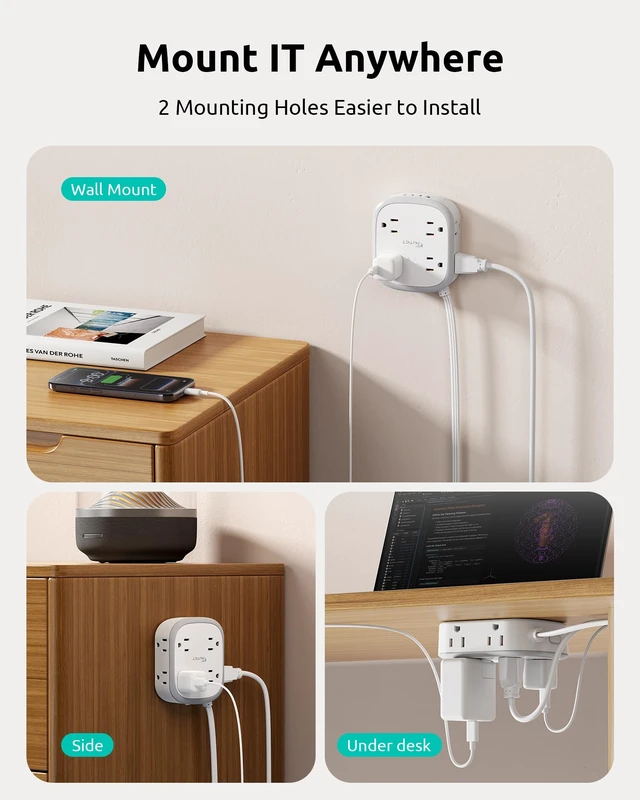 Alt view image 7 of 7 - 360° Rotating Flat Plug Surge Protector Power Strip, 6 FT Extension Cord | 8 AC Outlets and 4 USB Ports (3 USB C), Wall Mount, Outlet Extender with Power Switch, Home Office Dorm Essentials, White