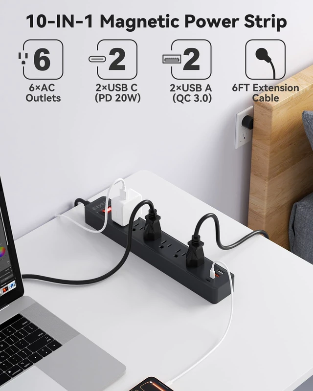 Alt view image 2 of 7 - Magnetic Power Strip with 6 Outlets & 4 USB Ports | USB-C PD 20W, 1080 Joules Surge Protector, Heavy Duty Extension Cord, Flat Plug Wall Mount for Garage, Workshop, 6FT, Black