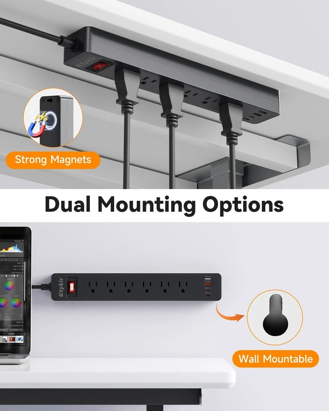 Alt view image 3 of 7 - Magnetic Power Strip with 6 Outlets & 4 USB Ports | USB-C PD 20W, 1080 Joules Surge Protector, Heavy Duty Extension Cord, Flat Plug Wall Mount for Garage, Workshop, 6FT, Black
