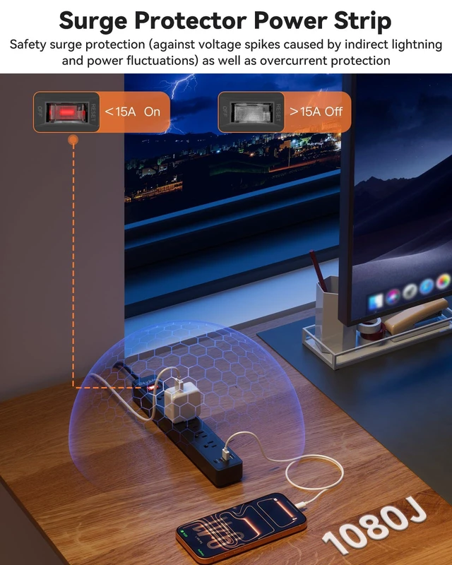 Alt view image 5 of 7 - Magnetic Power Strip with 6 Outlets & 4 USB Ports | USB-C PD 20W, 1080 Joules Surge Protector, Heavy Duty Extension Cord, Flat Plug Wall Mount for Garage, Workshop, 6FT, Black