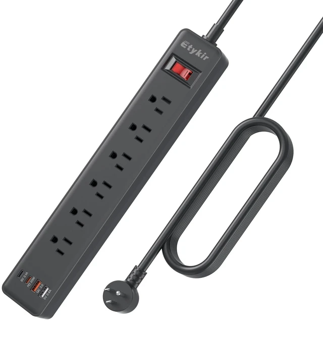 Main image of Magnetic Power Strip with 6 Outlets & 4 USB Ports | USB-C PD 20W, 1080 Joules Surge Protector, Heavy Duty Extension Cord, Flat Plug Wall Mount for Garage, Workshop, 6FT, Black