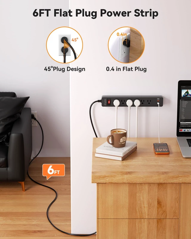 Alt view image 6 of 7 - Magnetic Power Strip with 6 Outlets & 4 USB Ports | USB-C PD 20W, 1080 Joules Surge Protector, Heavy Duty Extension Cord, Flat Plug Wall Mount for Garage, Workshop, 6FT, Black