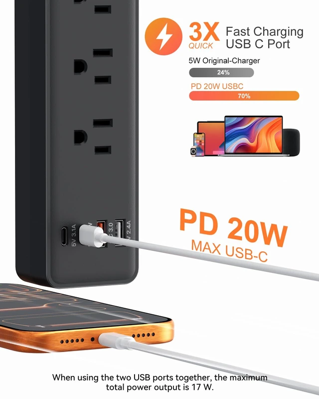 Alt view image 4 of 7 - Magnetic Power Strip with 6 Outlets & 4 USB Ports | USB-C PD 20W, 1080 Joules Surge Protector, Heavy Duty Extension Cord, Flat Plug Wall Mount for Garage, Workshop, 6FT, Black