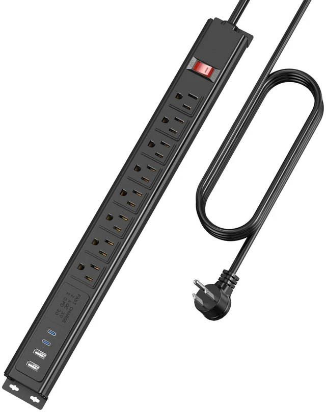 Main image of Heavy Duty Long Power Strip with USB, 8 Outlets, 6FT, Black, 1 | Flat Plug Extension Cord, Wall Mount Electric Extender with Switch, Surge Protector for Industrial Garage Home Office Dorm