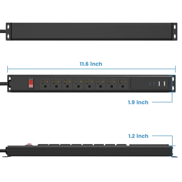 Alt view image 2 of 7 - Heavy Duty Long Power Strip with USB, 8 Outlets, 6FT, Black, 1 | Flat Plug Extension Cord, Wall Mount Electric Extender with Switch, Surge Protector for Industrial Garage Home Office Dorm