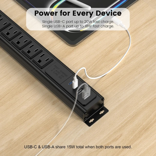 Alt view image 5 of 7 - Heavy Duty Long Power Strip with USB, 8 Outlets, 6FT, Black, 1 | Flat Plug Extension Cord, Wall Mount Electric Extender with Switch, Surge Protector for Industrial Garage Home Office Dorm