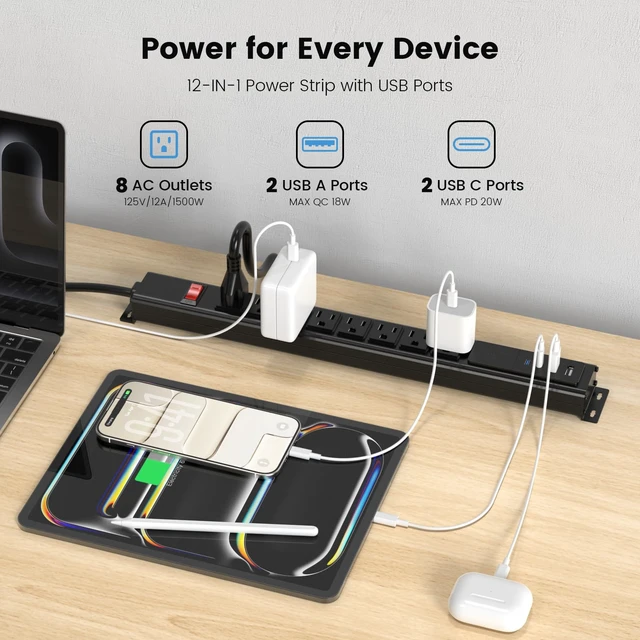 Alt view image 3 of 7 - Heavy Duty Long Power Strip with USB, 8 Outlets, 6FT, Black, 1 | Flat Plug Extension Cord, Wall Mount Electric Extender with Switch, Surge Protector for Industrial Garage Home Office Dorm