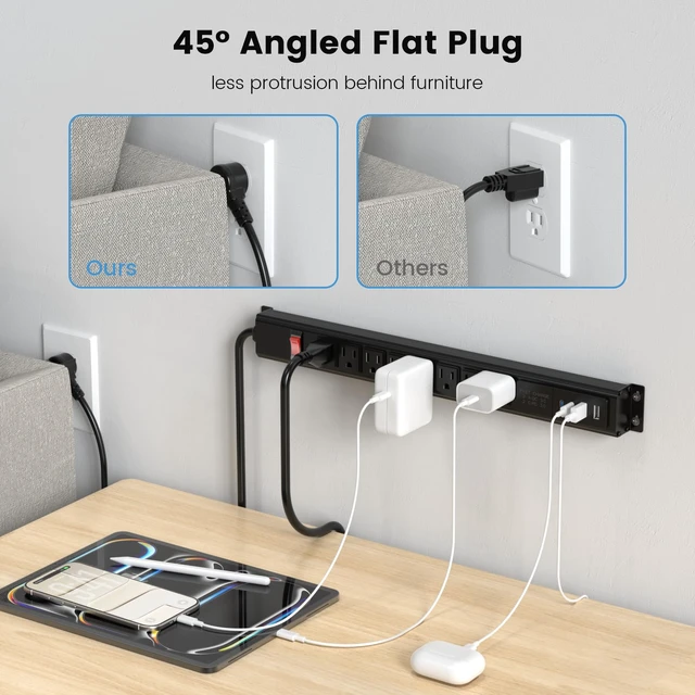Alt view image 4 of 7 - Heavy Duty Long Power Strip with USB, 8 Outlets, 6FT, Black, 1 | Flat Plug Extension Cord, Wall Mount Electric Extender with Switch, Surge Protector for Industrial Garage Home Office Dorm
