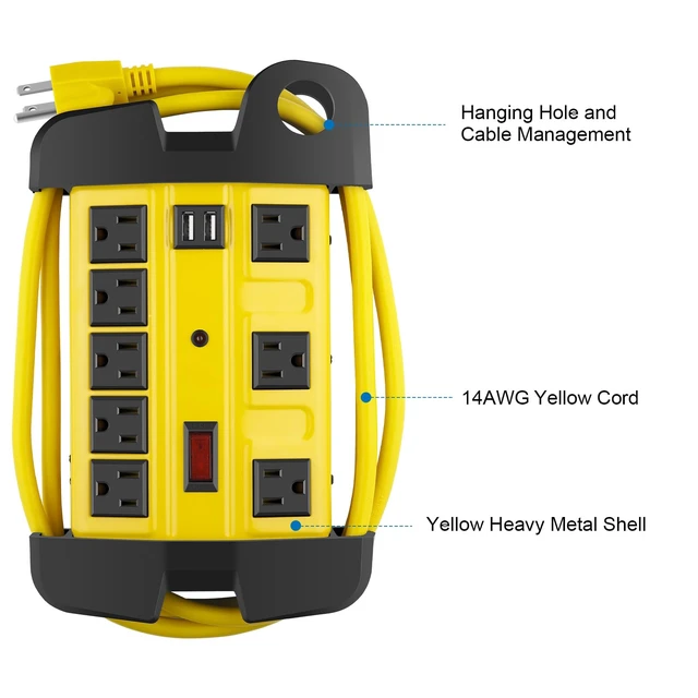 Alt view image 6 of 7 - Heavy Duty Surge Protector Power Strip with USB. Yellow, 12ft, 1. | Extension Cord with Multiple Outlets, Metal Port Extender, Grounding, Wide Spaced, 8 AC, for Appliance, Garage. ETL Listed.