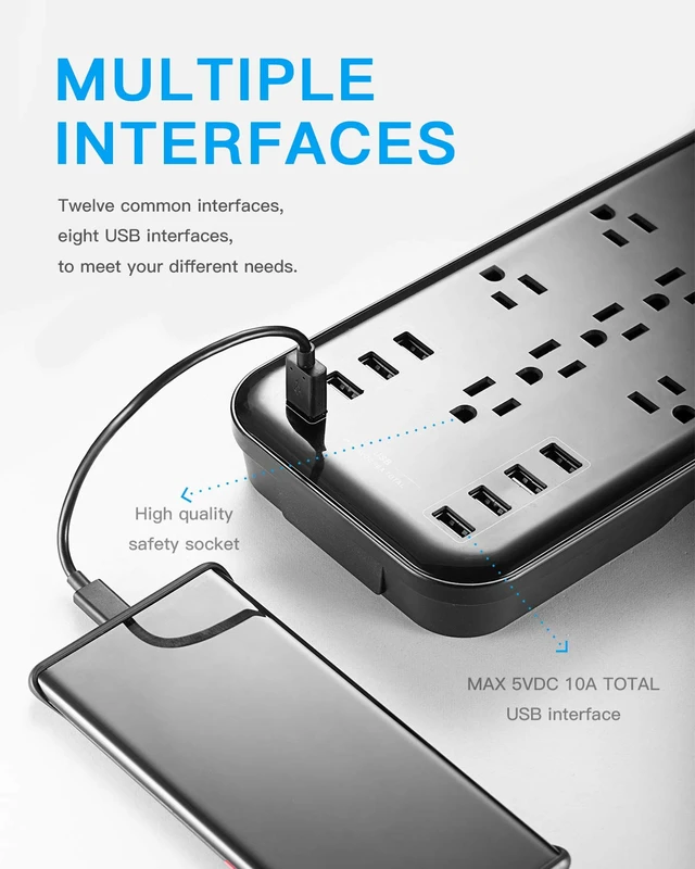 Alt view image 4 of 7 - 12-Outlet Surge Protector Power Strip with 8 USB Charging Ports (5V/10A), 2500J,6-Foot Cord