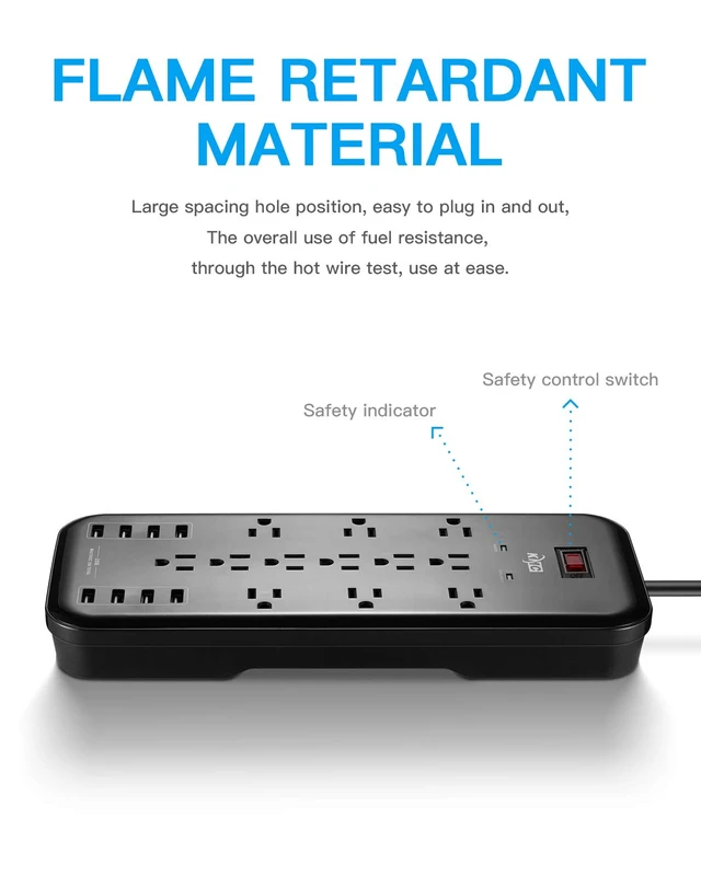Alt view image 3 of 7 - 12-Outlet Surge Protector Power Strip with 8 USB Charging Ports (5V/10A), 2500J,6-Foot Cord