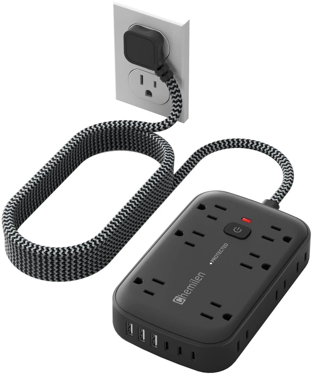 Main image of 5Ft Black Extension Cord with Multiple Outlets, Flat Plug | 2100 Joules Surge Protector Power Strip, 12 Outlets and 6 USB Ports (3 USB C), Outlet Extender for Home, Office, Dorm
