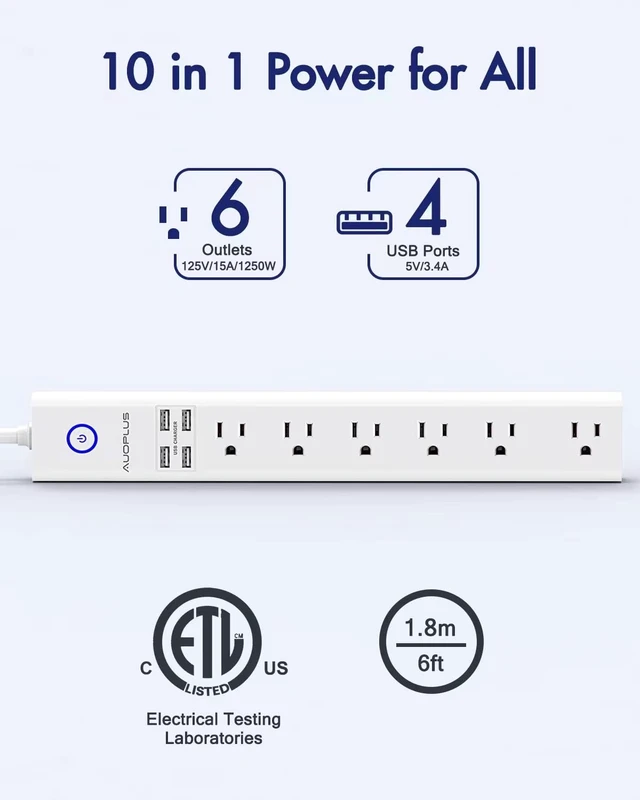 Alt view image 2 of 7 - 2 Pack Power Strip Surge Protector Flat Plug - 6 Widely Spaced Outlets 4 USB Charging Ports, 2100J/10A with 6Ft Long Extension Cord, Overload Surge Protection, Wall Mount for Home Office