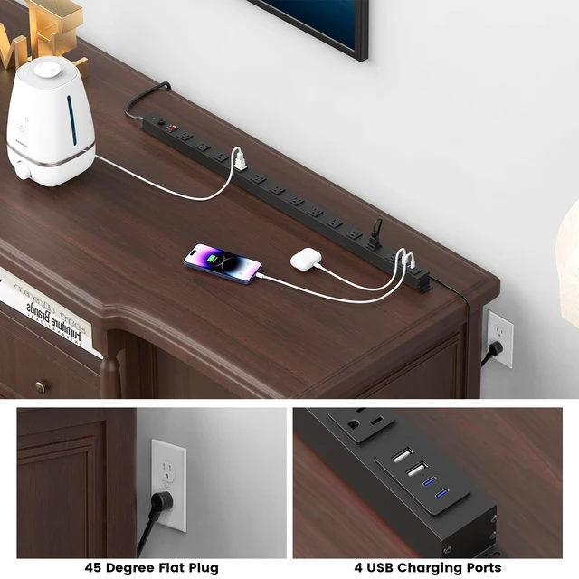 Alt view image 3 of 7 - Extra Long Desk Power Strip with USB C Ports, Black, 4FT | Extension Cord Multiple Outlets, Wide Spaced, Heavy Duty, Wall Flat Plug Extender, Garage Surge Protector, ETL Listed.
