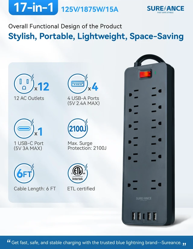 Alt view image 2 of 6 - Surge Protector Power Strip 12 Outlets Surge Protector Outlet Extender with 5 USB Ports, 6FT Flat Plug Extension Cord, 2100J, Mountable, Flat Plug, Heavy Duty, Widely-Spaced, ETL Listed