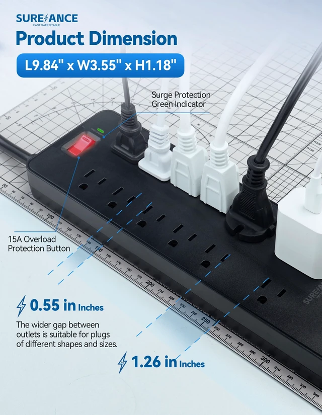 Alt view image 6 of 6 - Surge Protector Power Strip 12 Outlets Surge Protector Outlet Extender with 5 USB Ports, 6FT Flat Plug Extension Cord, 2100J, Mountable, Flat Plug, Heavy Duty, Widely-Spaced, ETL Listed