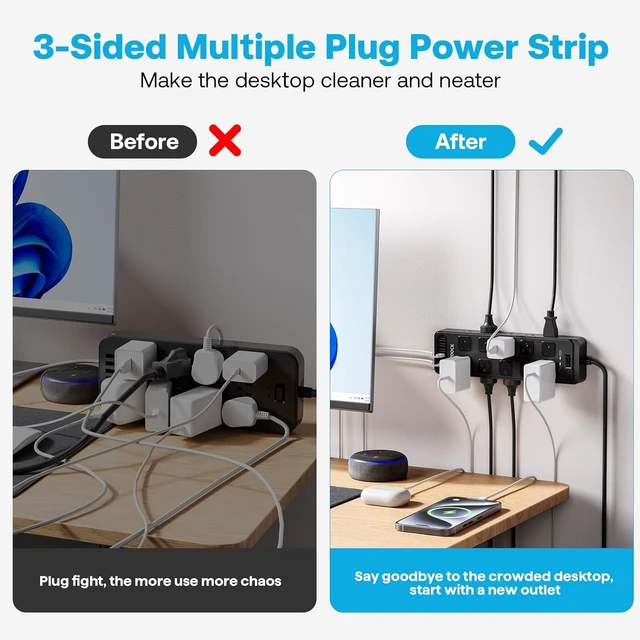 Alt view image 5 of 7 - 20AC Power Strip with USB Ports, Heavy Duty Surge Protector Power Strip 15 Amp, 6Ft Extension Cord with Multiple Outlets (Black, 6.5FT)