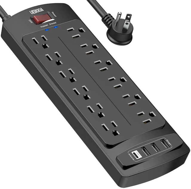 Main image of Surge Protector Power Strip 12 AC Outlets and 4 USB Ports, 6 Feet Extension Cord(2700 Joules) for Home, Office, Dorm Essentials, ETL Listed, Black