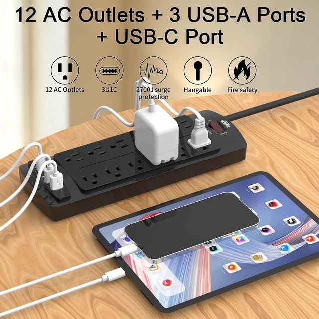 Alt view image 2 of 7 - Surge Protector Power Strip 12 AC Outlets and 4 USB Ports, 6 Feet Extension Cord(2700 Joules) for Home, Office, Dorm Essentials, ETL Listed, Black
