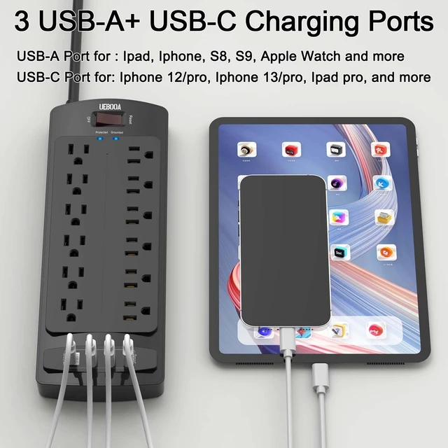 Alt view image 3 of 7 - Surge Protector Power Strip 12 AC Outlets and 4 USB Ports, 6 Feet Extension Cord(2700 Joules) for Home, Office, Dorm Essentials, ETL Listed, Black