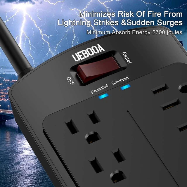 Alt view image 5 of 7 - Surge Protector Power Strip 12 AC Outlets and 4 USB Ports, 6 Feet Extension Cord(2700 Joules) for Home, Office, Dorm Essentials, ETL Listed, Black