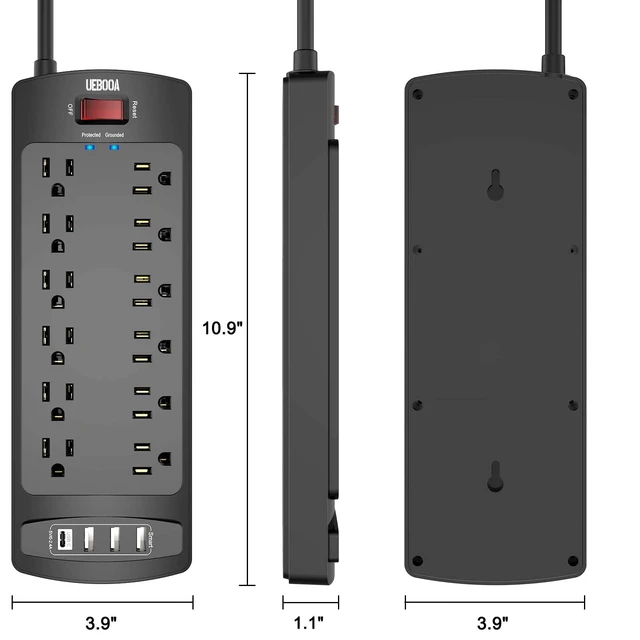 Alt view image 7 of 7 - Surge Protector Power Strip 12 AC Outlets and 4 USB Ports, 6 Feet Extension Cord(2700 Joules) for Home, Office, Dorm Essentials, ETL Listed, Black