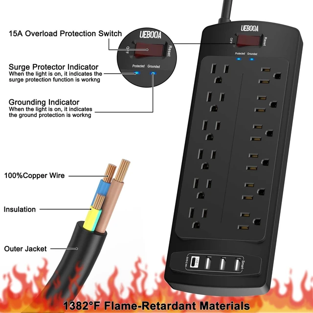 Alt view image 6 of 7 - Surge Protector Power Strip 12 AC Outlets and 4 USB Ports, 6 Feet Extension Cord(2700 Joules) for Home, Office, Dorm Essentials, ETL Listed, Black