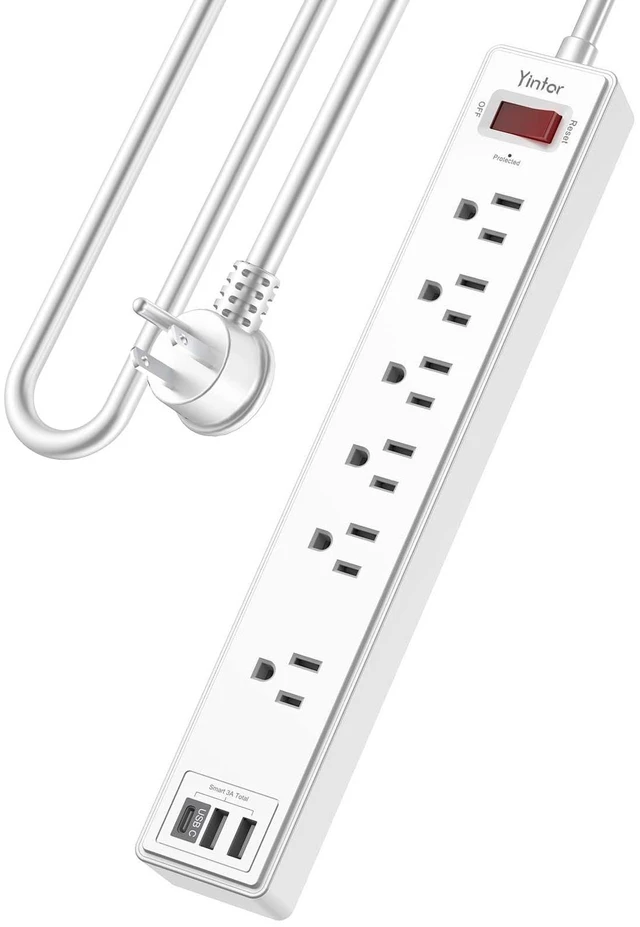 Main image of 6Ft Surge Protector Power Strip with 6 Outlets & 3 USB Ports, White | 6 Feet Flat Plug Extension Cord with Multiple Outlets for Home, Office, Dorm Essentials, 1680 Joules, ETL Listed