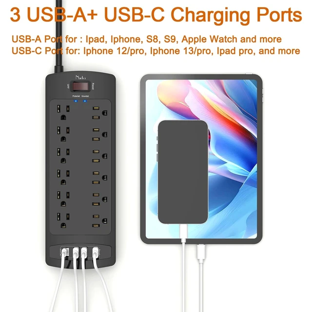 Alt view image 3 of 7 - Surge Protector Power Strip, 12 Outlets and 4 USB Ports, 6 Feet Extension Cord for Home, Office, Dorm Essentials, 2700 Joules, ETL Listed, Black