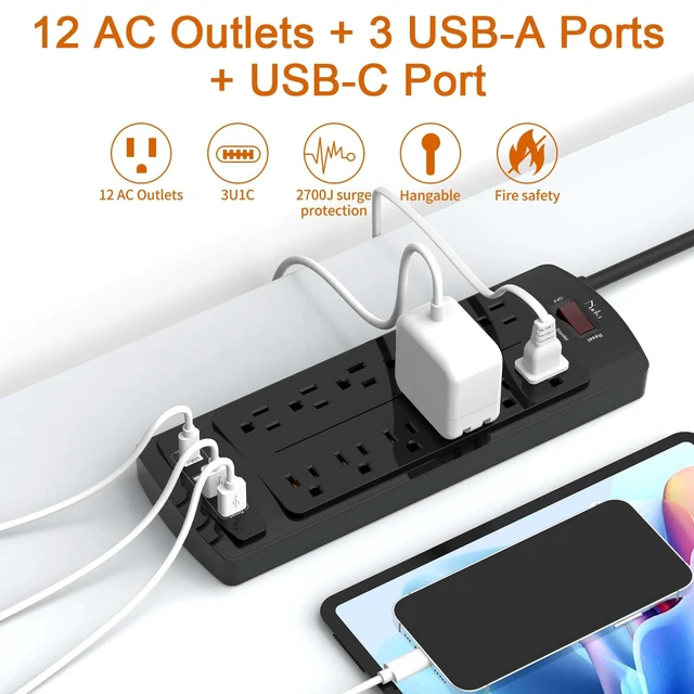 Alt view image 2 of 7 - Surge Protector Power Strip, 12 Outlets and 4 USB Ports, 6 Feet Extension Cord for Home, Office, Dorm Essentials, 2700 Joules, ETL Listed, Black