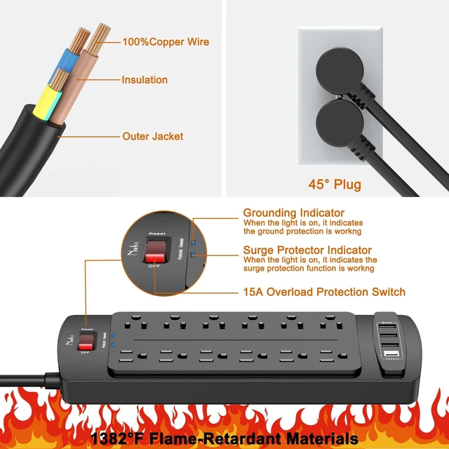 Alt view image 6 of 7 - Surge Protector Power Strip, 12 Outlets and 4 USB Ports, 6 Feet Extension Cord for Home, Office, Dorm Essentials, 2700 Joules, ETL Listed, Black