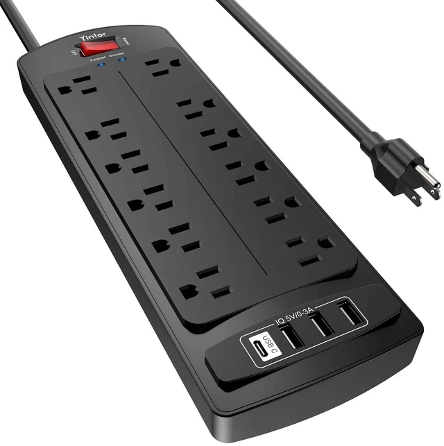 Main image of 6Ft Surge Protector Power Strip with 12 Outlets and 4 USB Ports | 6 Feet Flat Plug Extension Cord with Multiple Outlets for Home, Office, Dorm Essentials, 2700 Joules, ETL, Black
