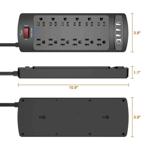 Alt view image 7 of 7 - Surge Protector Power Strip, 12 Outlets and 4 USB Ports, 6 Feet Extension Cord for Home, Office, Dorm Essentials, 2700 Joules, ETL Listed, Black