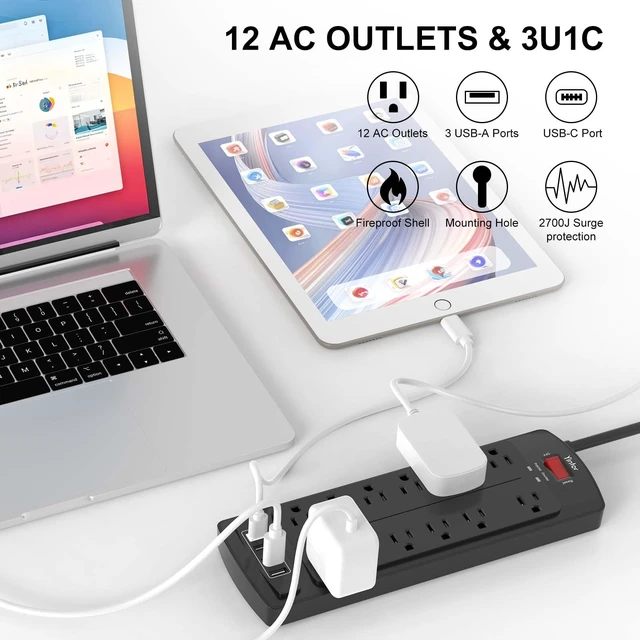 Alt view image 2 of 7 - 6Ft Surge Protector Power Strip with 12 Outlets and 4 USB Ports | 6 Feet Flat Plug Extension Cord with Multiple Outlets for Home, Office, Dorm Essentials, 2700 Joules, ETL, Black