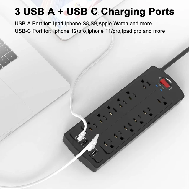 Alt view image 3 of 7 - 6Ft Surge Protector Power Strip with 12 Outlets and 4 USB Ports | 6 Feet Flat Plug Extension Cord with Multiple Outlets for Home, Office, Dorm Essentials, 2700 Joules, ETL, Black