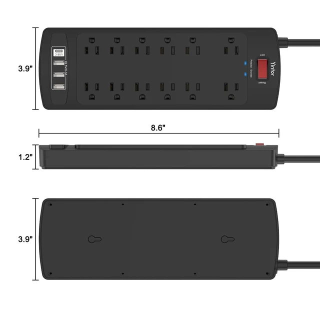 Alt view image 7 of 7 - 6Ft Surge Protector Power Strip with 12 Outlets and 4 USB Ports | 6 Feet Flat Plug Extension Cord with Multiple Outlets for Home, Office, Dorm Essentials, 2700 Joules, ETL, Black